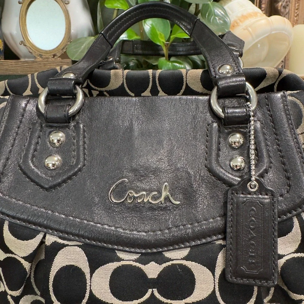 Coach Ashley Signature Satchel Black Grey Jacquard Leather Handbag F19244